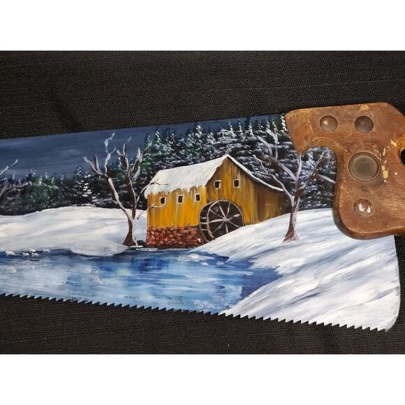 Vintage H. Disston & Sons Hand Saw with Winter Scene Mural - Picture 2 of 8